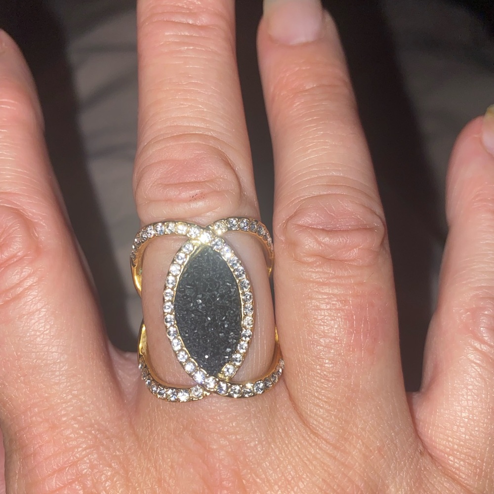 Large ladies fashion CZ & onyx ring  -size 9